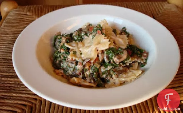 Farfalle With Chard, Mushrooms, Bacon And Three Cheeses