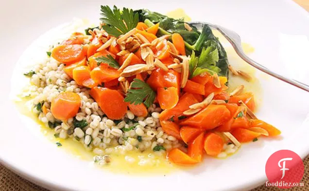 Orange-glazed Carrots with Ramp Barley and Spinach