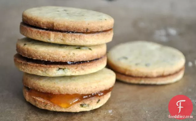 Basil Cornmeal Sandwich Cookies with Apricot Filling