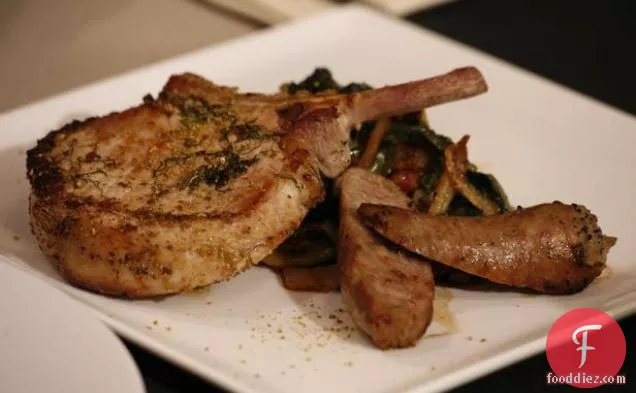Pork Three Ways: Brined Pork Chops, Fennel-Fontina Sausage, and Swiss Chard with Bacon and Fennel over Polenta Cakes