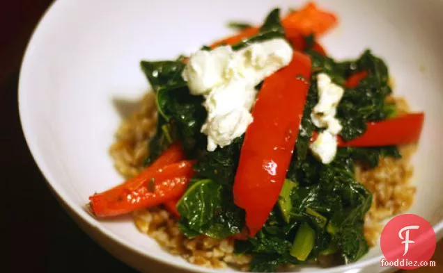 Farro With Sweet Red Bell Peppers, Kale, and Goat Cheese