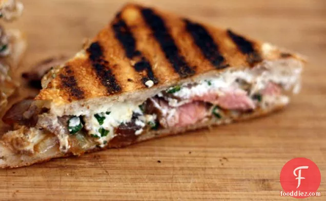 Dinner Tonight: Flank Steak Panini with Goat Cheese and Caramelized Onions