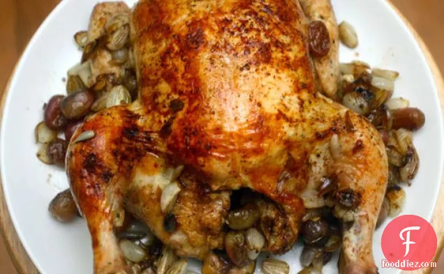 Roast Chicken with Red Grapes, Caramelized Pearl Onions, and Port Pan Gravy