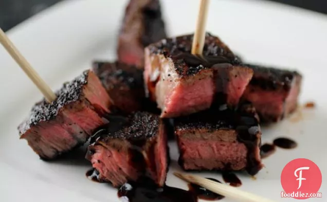 Coffee and Chipotle-Rubbed Steak Kabobs with Stout Molasses Pan Sauce