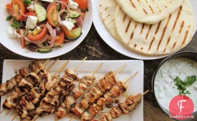 Chicken Souvlaki with Tzatziki Sauce and Greek Salad