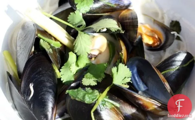 Dinner for Two: Coconutty Mussels with Ginger, Lemongrass, Chili, and Cilantro on Rice Noodles