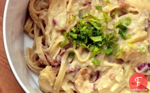 Linguine with Celery Root Cream, Apples, and Pancetta