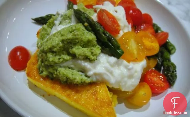 Cook the Book: Polenta Steaks with Asparagus Pesto, Cherry Tomatoes, and Burrata