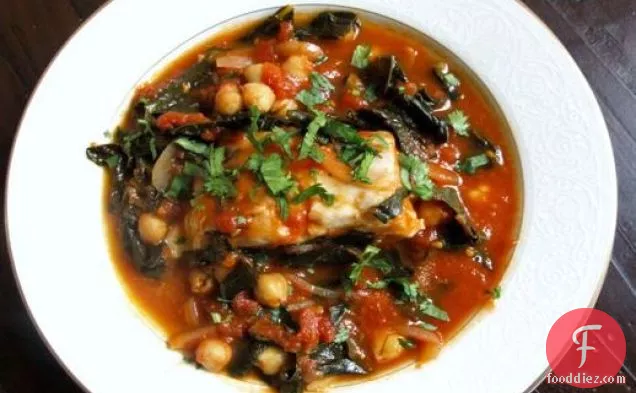 Tomato-Poached Fish with Kale and Chickpeas