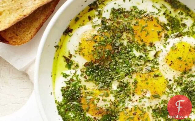 Alice Waters' Olive Oil Fried Eggs with A Crown of Herbs