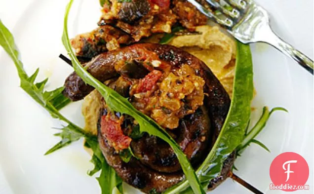 Merguez with Chickpea Purée and Eggplant Jam