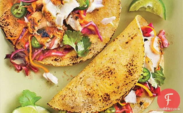 Grilled Fish Tacos with Jalapeño-Cabbage Slaw