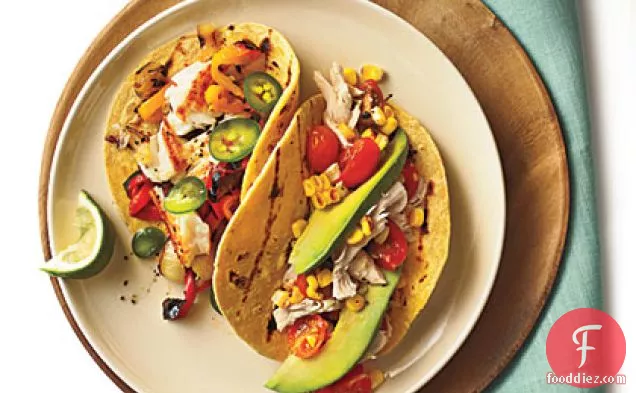 Shredded Chicken Tacos with Tomatoes and Grilled Corn