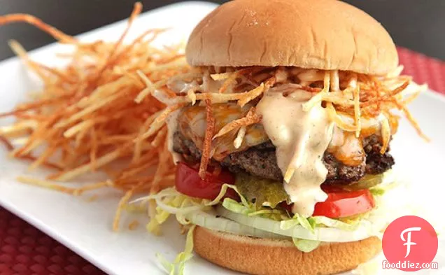 Cuban Fritas (Seasoned Cheeseburgers with Shoestring Potatoes and Spicy Sauce)