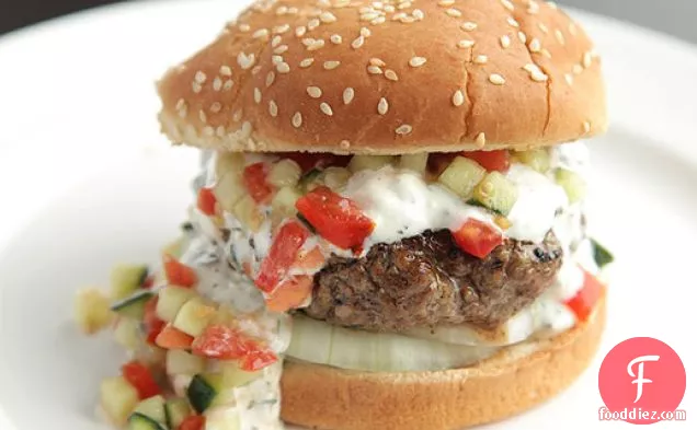 Burgers with Creamy Feta Sauce and Tomato-Cucumber Relish