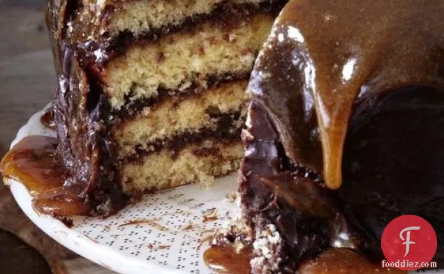 Yellow Cake with Chocolate Frosting and Caramel Top