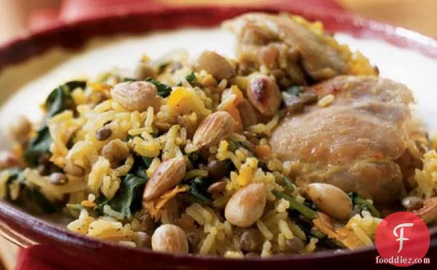 Chicken and Basmati Rice Pilau with Saffron, Spinach, and Cardamom