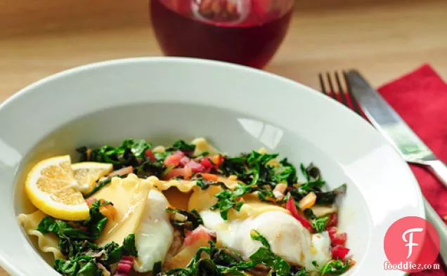 Open-faced Ravioli With Egg And Wilted Greens