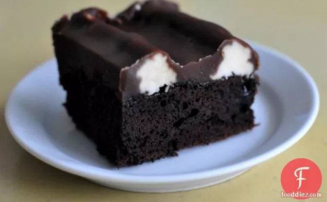 बम्पी केक (वेनिला बटरक्रीम और चॉकलेट फज के साथ चॉकलेट केक)