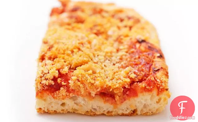 Sfincione (Sicilian New Years Pizza with Bread Crumbs, Onions, and Caciocavallo)