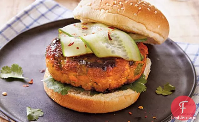 Hoisin-Glazed Salmon Burgers with Pickled Cucumber