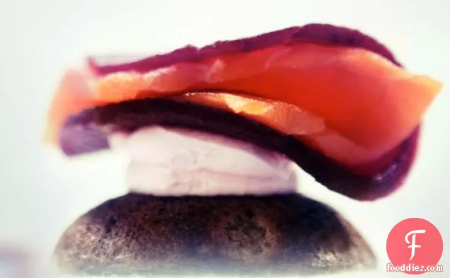Cook the Book: Black Olive Mini Blinis with Pink Mascarpone, Salmon, and Preserved Beet
