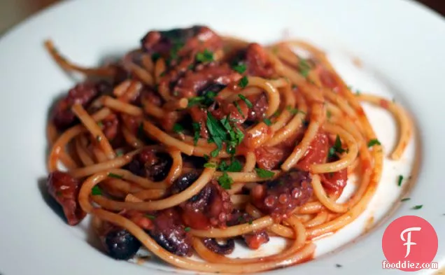 Dinner Tonight: Bucatini with Rita's Spicy Baby Octopus Sauce