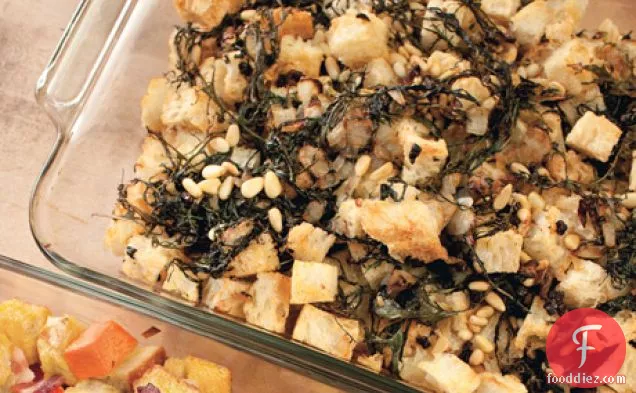 Rustic Bread Stuffing with Red Mustard Greens, Currants, and Pine Nuts