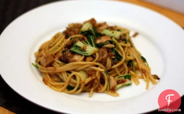 Dinner Tonight: Pasta with Pork Loin, Chinese Eggplant, Baby Bok Choy, and Spicy Miso Sauce