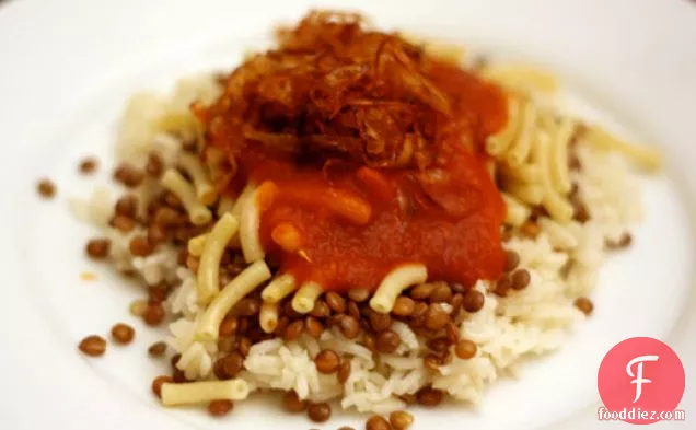 Dinner Tonight: Koshary (Rice, Lentils, and Pasta with Tomato Garlic Sauce)