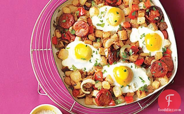 Potato, Pepper and Chorizo Hash with Fried Eggs