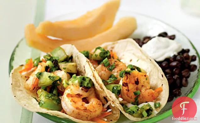 Spicy Shrimp Tacos with Grilled Tomatillo Salsa