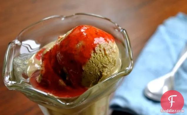 Scooped: Pistachio Gelato with Strawberry Sauce