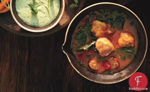 Mixed-Greens and Sausage Soup with Cornmeal Dumplings