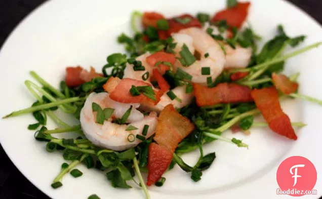 Dinner Tonight: Pea Shoots with Shrimp, Bacon, and Chives