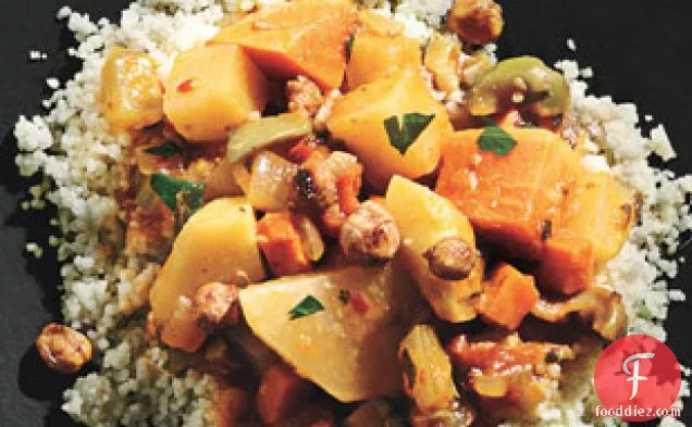 Root Vegetable Tagine with Sweet Potatoes, Carrots, Turnips, and Spice-Roasted Chickpeas
