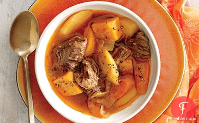 Braised Beef with Onion, Sweet Potato, and Parsnip