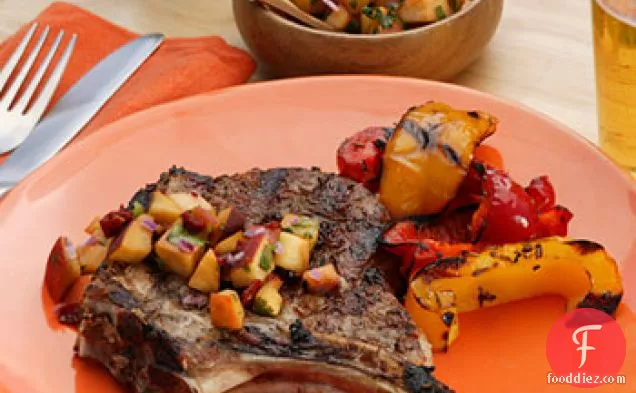 Cumin-Crusted Monster Pork Chop with Peach Chipotle Salsa