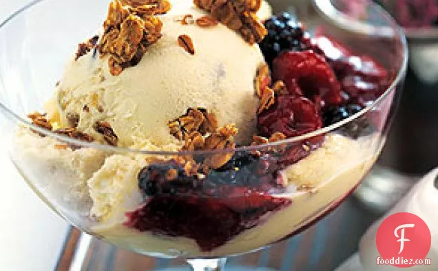 Oatmeal Praline Ice Cream with Warm Berry Sauce