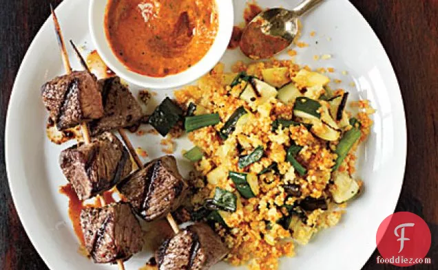 Sirloin Skewers with Grilled Vegetable Couscous and Fiery Pepper Sauce