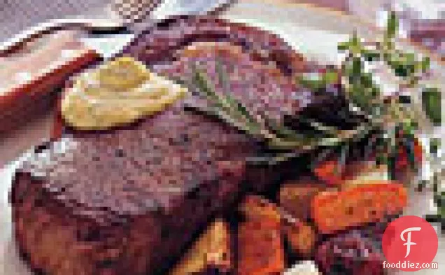 Roasted Rib-eye Steak With Herbed Mustard Sauce And Root Vegeta