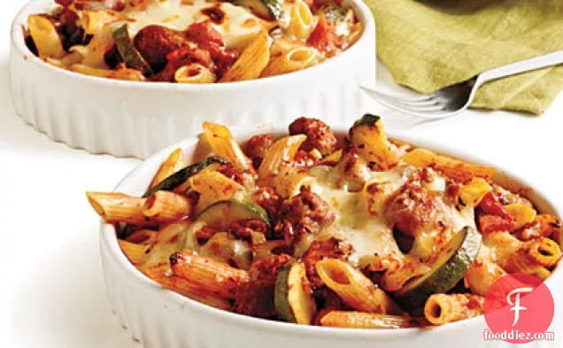 Penne Rigate with Spicy Sausage and Zucchini in Tomato Cream Sauce