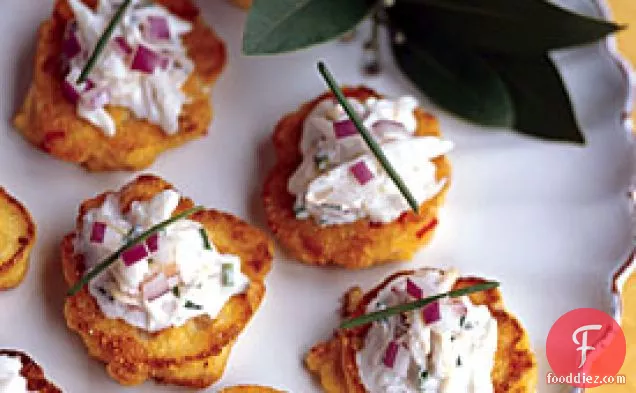 Double-Corn Fritters with Dungeness Crab Crème Fraîche