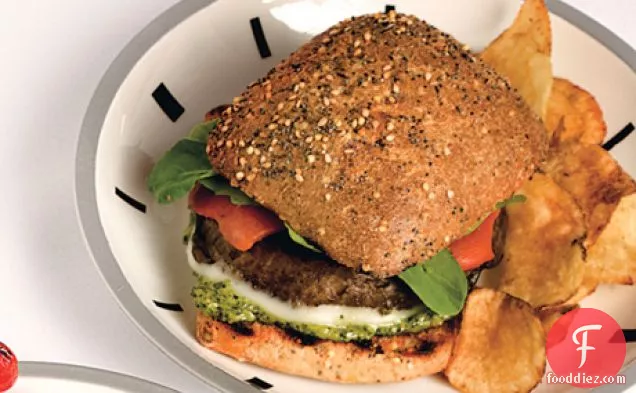 Portobello Burgers with Pesto, Provolone, and Roasted Peppers