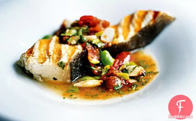 Grilled Halibut with Lima Bean and Roasted Tomato Sauce