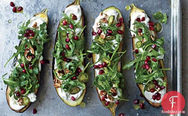 Roasted Eggplant with Pomegranate, Pickled Chiles, and Pecans