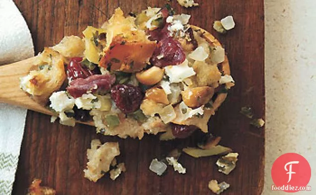 Country Bread Stuffing with Smoked Ham, Goat Cheese, and Dried Cherries
