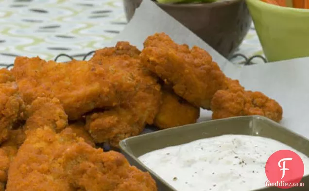 Buffalo-Seasoned Chicken Fingers With Blue Cheese Dipping Sauce