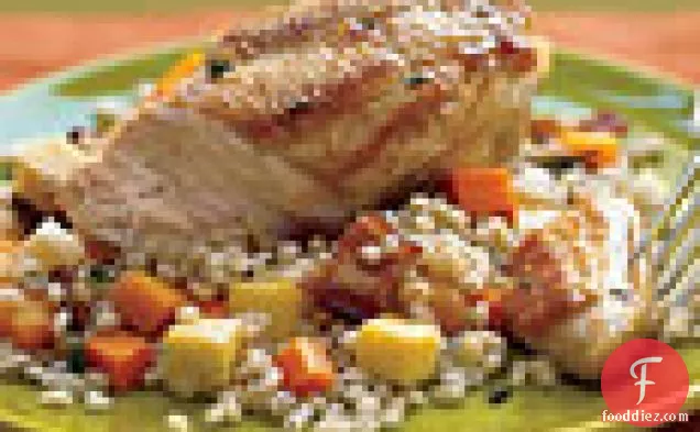 Herb-Basted Chicken with Pearl Barley, Bacon, and Root Vegetable Pilaf