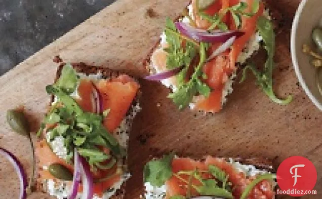 Seeded-bread Tartines With Herbed Goat Cheese And Smoked Salmon